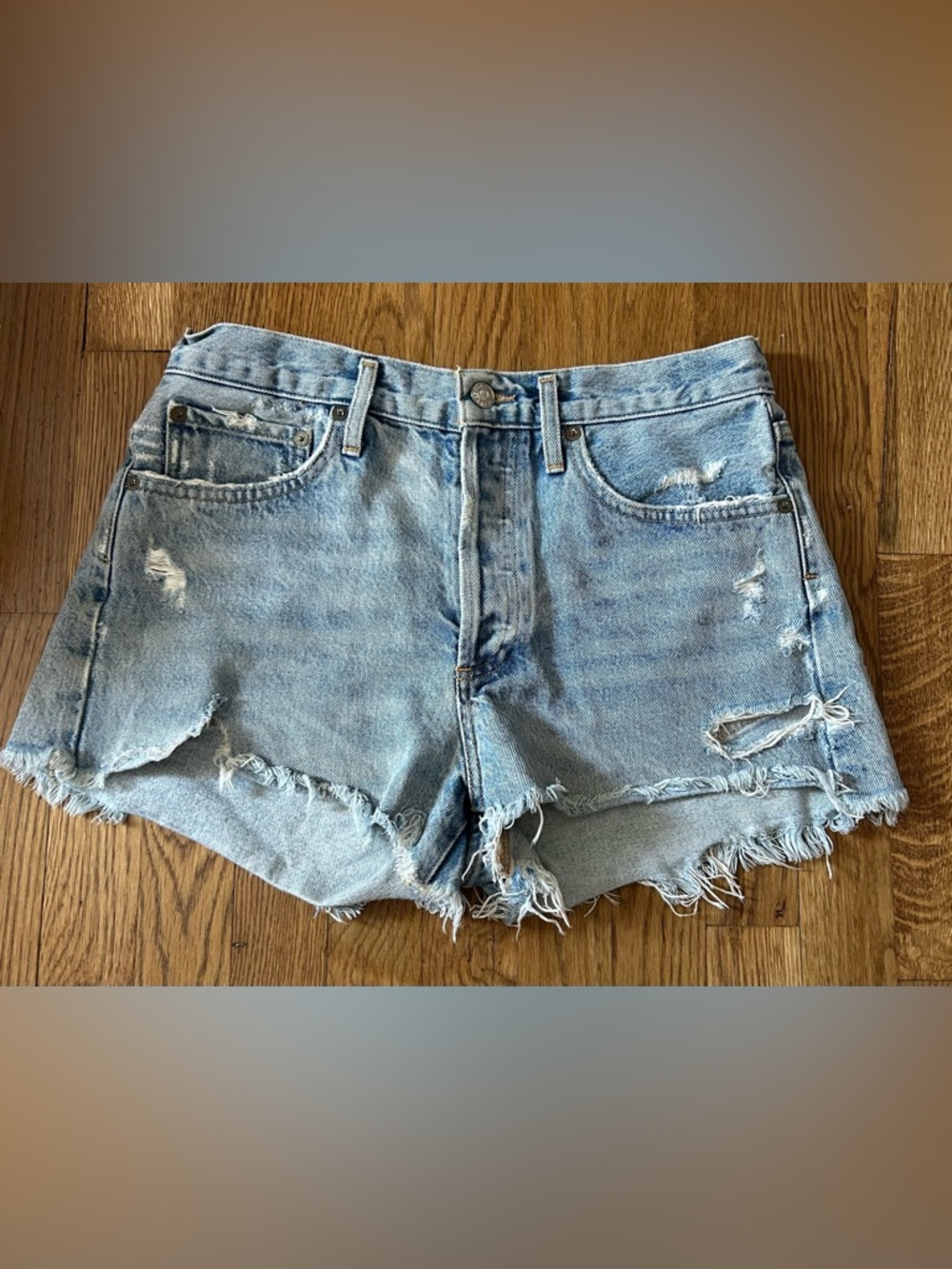 Agolde Parker Vintage Light Blue Distressed Denim Cutoff Shorts